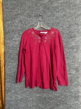 Blair Shirt Womens Medium Red Floral Henley Long Sleeve Ribbed Knit Top Casual